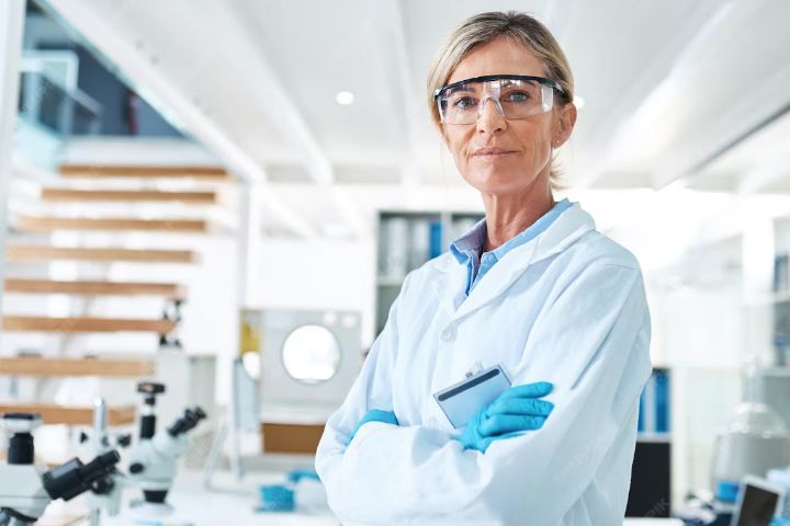 Portrait view of a scientist in a lab coat, soft focus background of laboratory environment